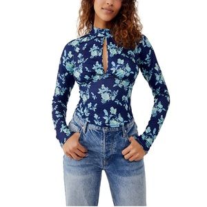 NEW: Free People Dinner Party Printed Keyhole Top in Indigo Combo